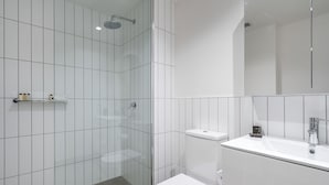 Un bagno moderno con doccia vetrata, un water bianco e un lavabo con specchio sopra.
