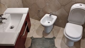 Een douche, een haardroger, een bidet, handdoeken
