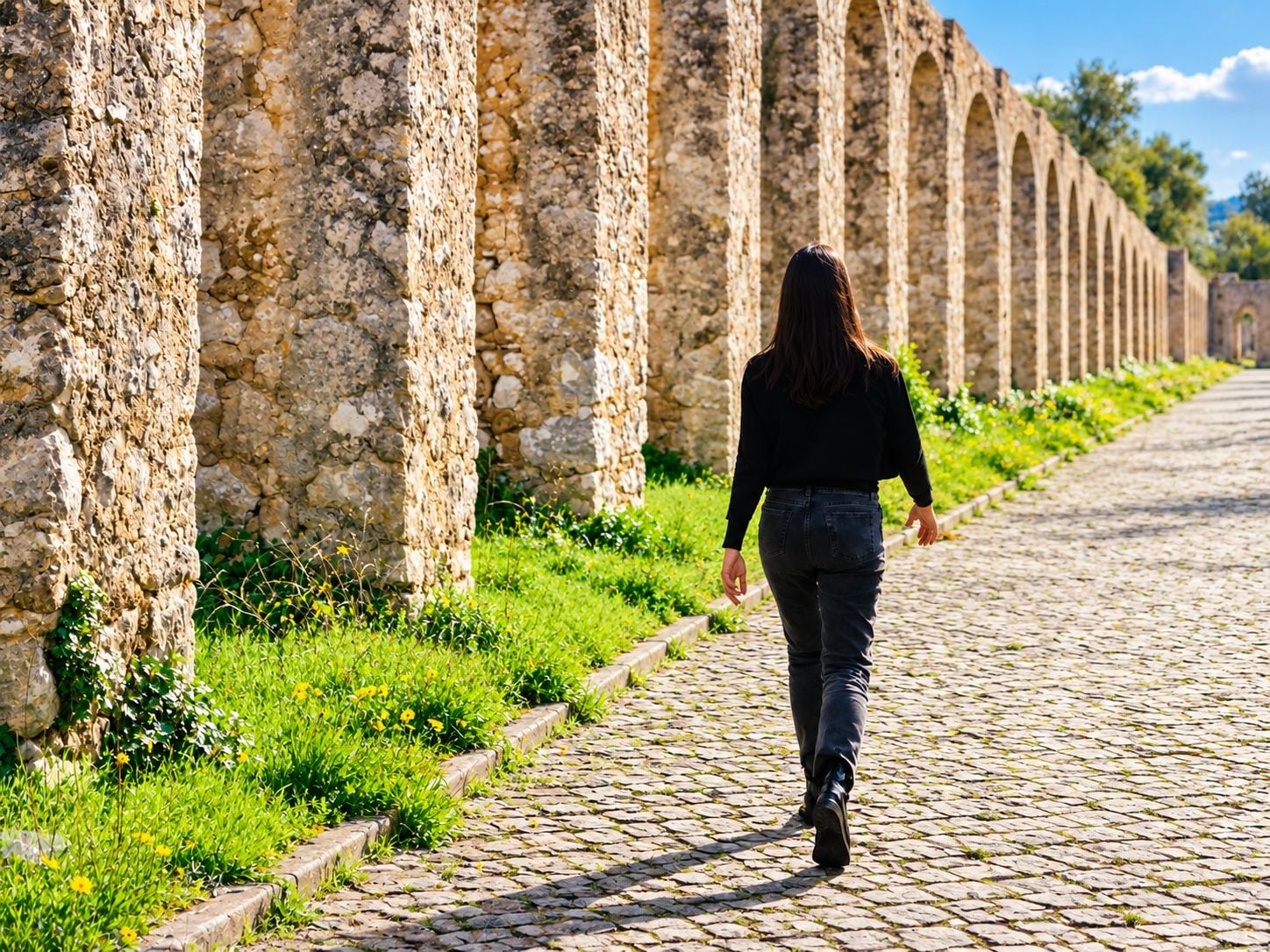 Una persona caminando por un sendero adoquinado al lado de columnas de piedra.