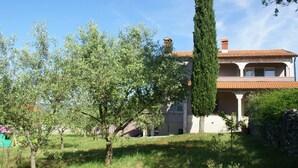 A two-story building with a tiled roof, a prominent cypress tree in front, and a clear blue sky. - Apartment in Krnica Near Beach & BBQ (Marcana)