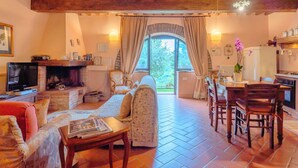 Una sala de estar acogedora con chimenea, televisión y comedor con sillas y mesa de madera.