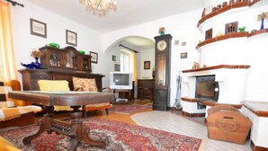 A traditional living room with a fireplace, wooden furniture, and a large rug. - Idyllic Villa With Private Pool in Trebusin Czech Republic (Trebusin)