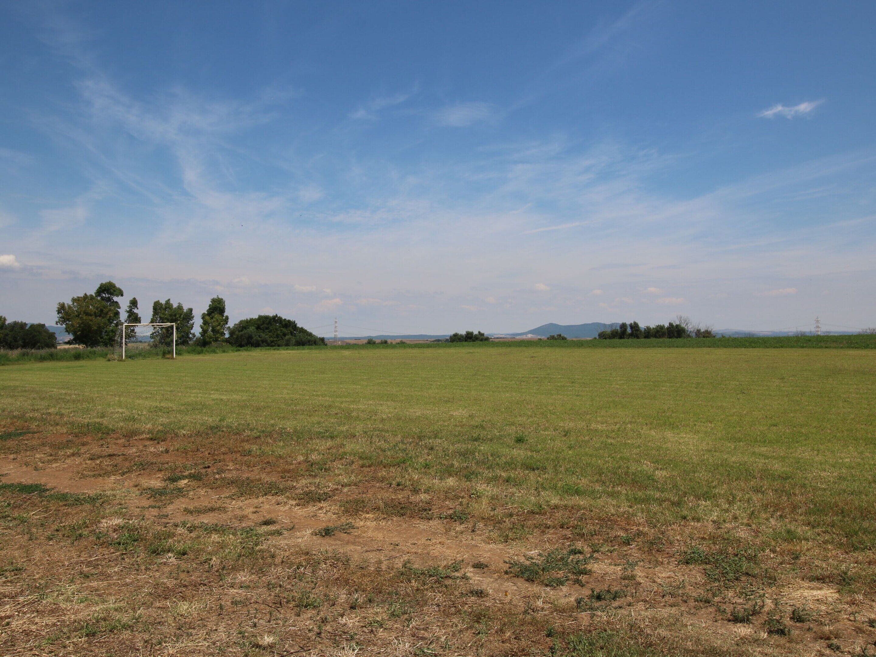 A wide, open field with a goalpost and trees in the distance.