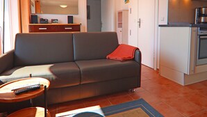 Una sala de estar con un sofá, una mesita con un control remoto, una zona de cocina con estufa, y una puerta que da a otra habitación.