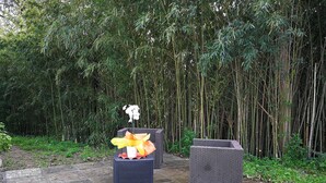 A garden area with two wicker planters, one with flowers and one empty, set on a stone patio. - Belvilla by OYO Casa Bambu (San Pietro a Maida)