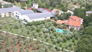 An aerial view of a residential area with solar panels on buildings, a swimming pool, and olive groves. - Belvilla by OYO Casa Bambu (San Pietro a Maida)