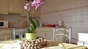 A kitchen with a dining table covered by a floral tablecloth, a potted orchid, and a decorative arrangement of seashells. - Rustic Escape in Kropelin (Kroepelin)