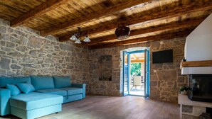 Une pièce chaleureuse avec un mur en pierre, un plafond en bois, un canapé bleu et une cheminée.