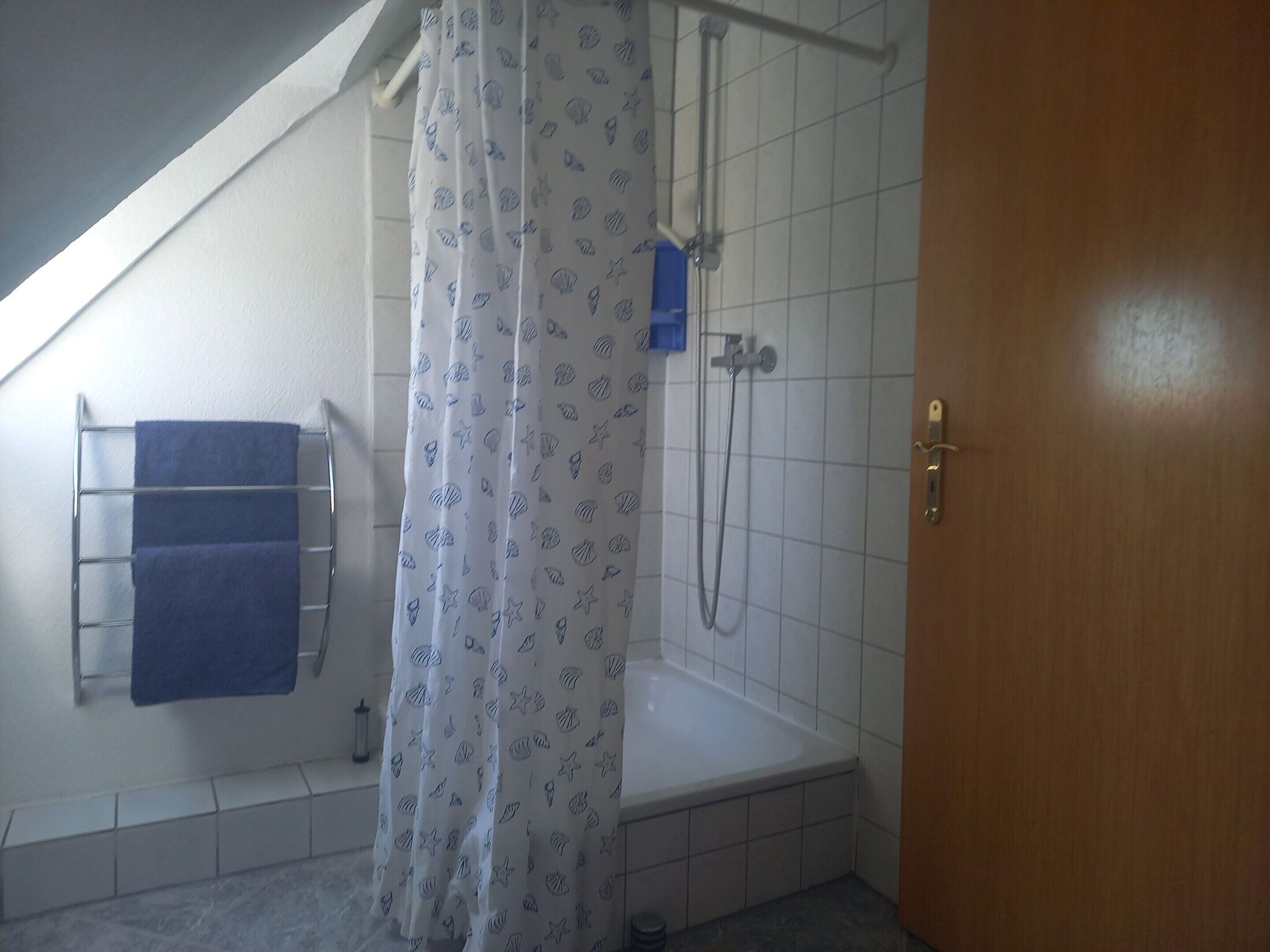A bathroom with a shower, a bathtub, and a towel rack with a blue towel.