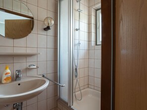 A bathroom with a sink, mirror, and shower. - Tranquil Apartment in Marktleuthen near River & Forest (Marktleuthen)