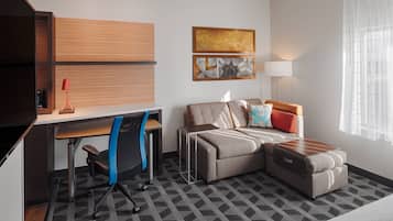 Premium bedding, pillowtop beds, desk, laptop workspace