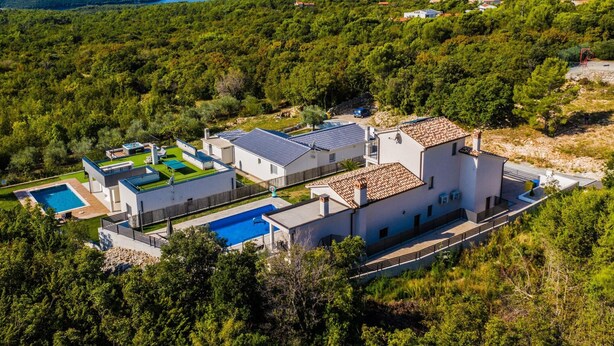 A modern villa with a swimming pool, solar panels, and a view of a lake and forest. - Modern Villa With Private Pool Near Labin and the Beach (Rasa)