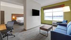 Habitación de hotel con cama, escritorio, silla, sofá, televisión y ventana con vistas.