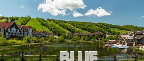 Une vue sur le lac, avec une pancarte indiquant le mot « BLEU » devant un bâtiment doté d’un toit rouge et de nombreuses fenêtres.