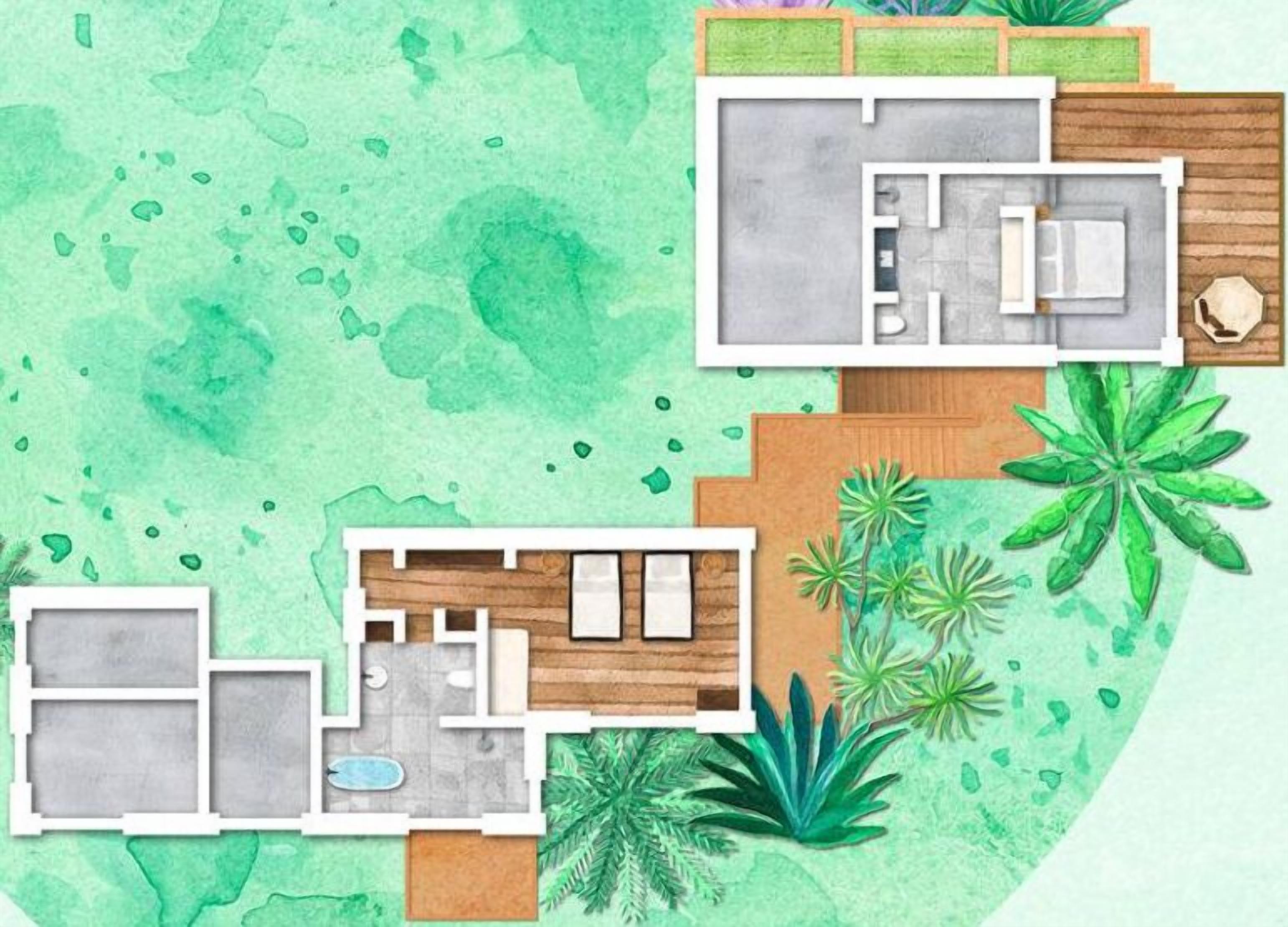 A floor plan of a house with a living room, kitchen, two bedrooms, and a bathroom.