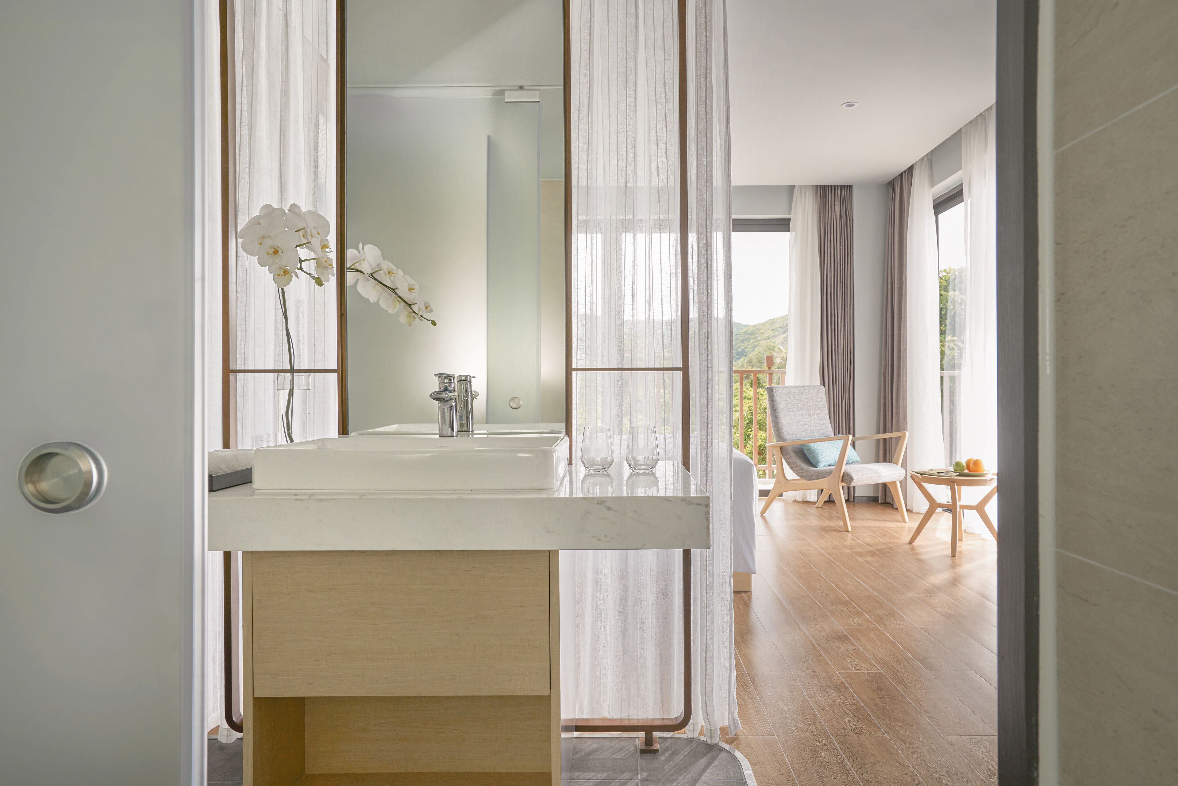 zen suite ocean view | bathroom | designer toiletries, hair dryer, bathrobes, slippers