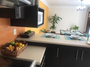 Fridge, microwave, oven, stovetop