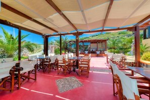 An outdoor dining area with wooden tables and chairs, a red carpet, and a view of a hilly landscape with palm trees.