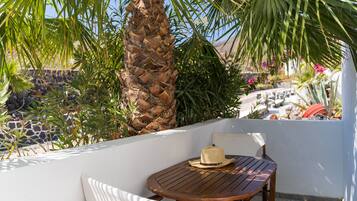 A wooden table and white chair on a balcony with a palm tree and plants.