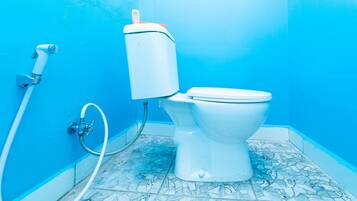 A bathroom with a toilet, a bidet, and a shower hose.