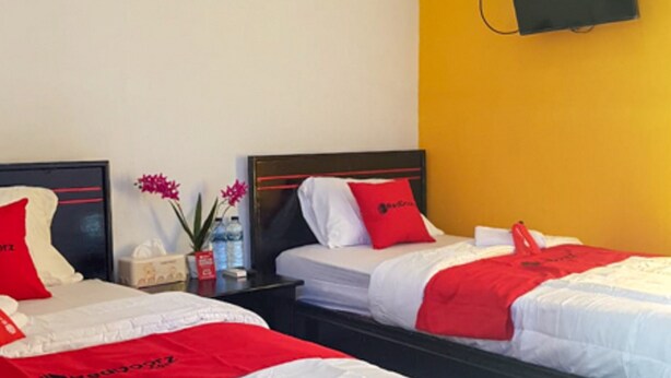 Habitación de hotel con dos camas, cada una con ropa de cama blanca y detalles en rojo, una mesita de noche con un jarrón de flores y un televisor montado en la pared.