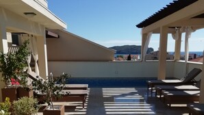 Une terrasse sur le toit avec une piscine, des chaises longues et des plantes en pot.