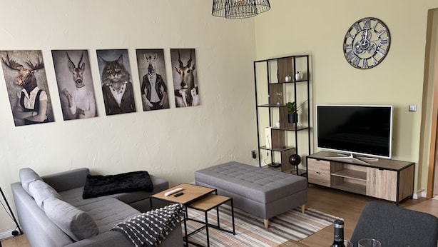A modern living room with a grey sofa, a wooden coffee table, a TV stand, and a bookshelf. - New! Stylish city apartment *Netflix,parking lot,close to BHF* (CB)