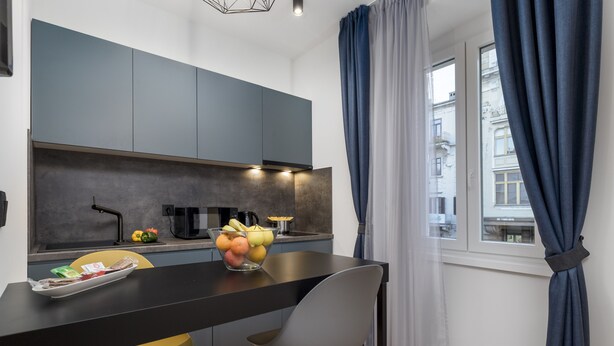A modern kitchen with grey cabinets, a black countertop, and a bowl of fruit. There is a window with blue curtains and a view of buildings outside. - Deluxe Apartments & Rooms In the Center (Rijeka)