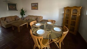 Uma sala de estar com uma mesa de jantar de vidro rodeada por cadeiras de vime, um sofá com almofadas estampadas, um armário de madeira e uma planta em vaso.