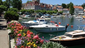Un puerto deportivo con barcos amarrados, un paseo marítimo bordeado de flores y edificios históricos al fondo.