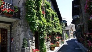 Una calle estrecha flanqueada por edificios de piedra, algunos con balcones decorados con flores.