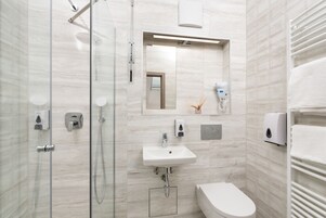 Romantic Double Room, 1 Queen Bed | Bathroom | Shower, rainfall showerhead, hair dryer, heated floors
