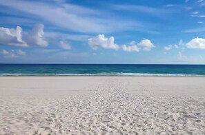 Ein Strand mit blauem Himmel und Meer.