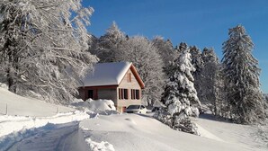 A wooden cabin with a sloped roof, surrounded by snow-covered trees and a clear blue sky. - Stunning private villa for 6 people with WIFI, pets allowed and panoramic view (Les Cluds)