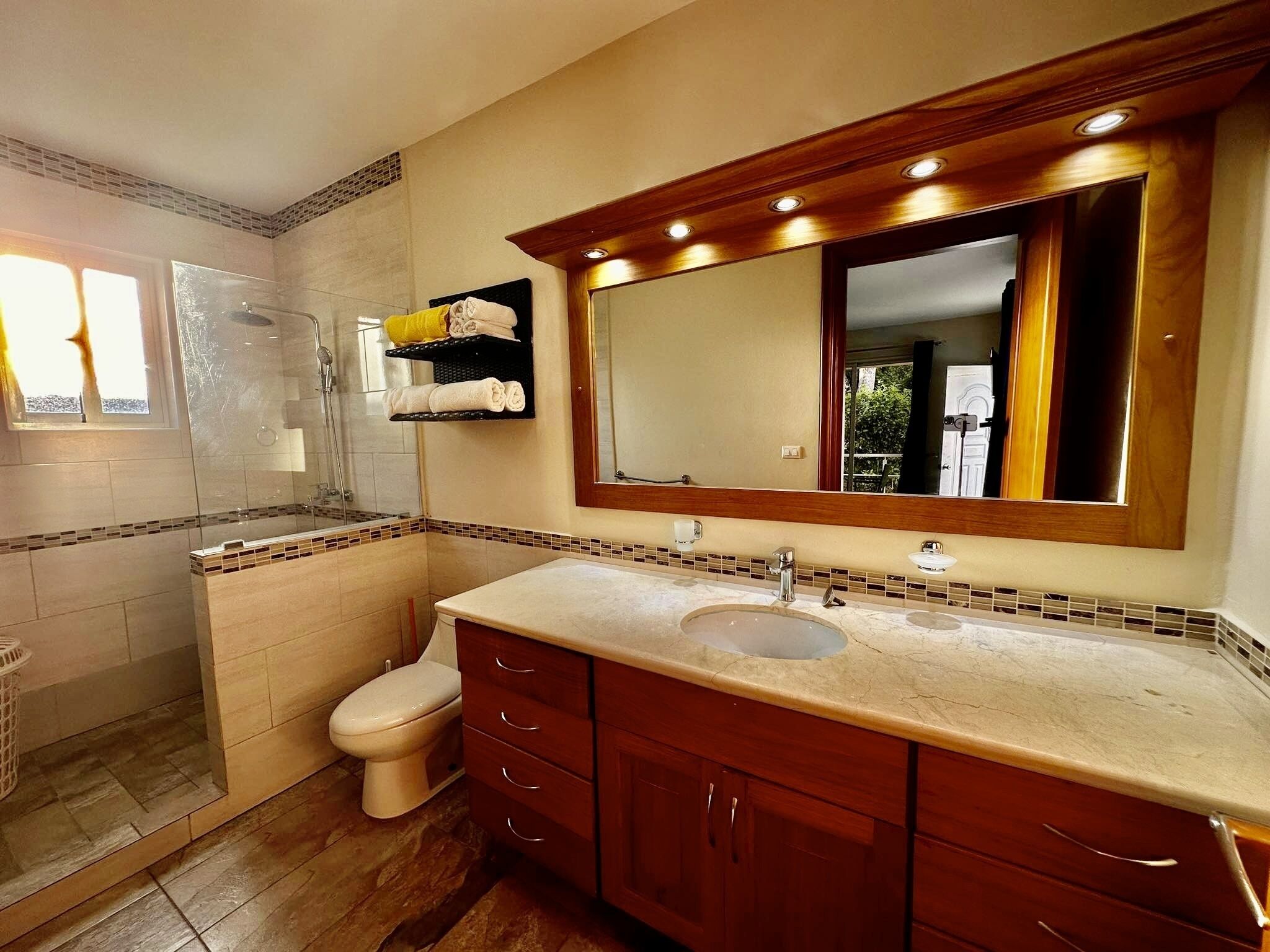 A bathroom with a large mirror, a sink, a toilet, and a shower.