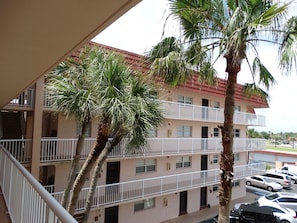 Stunning building with balconies and palm trees.