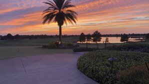 Ein Golfplatz bei Sonnenuntergang mit einer Palme, einem Gewässer und gepflegter Landschaft.