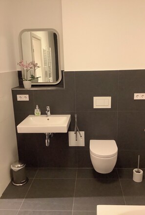 Badewanne, Haartrockner, Handtücher, Seife