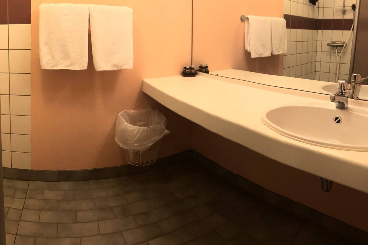 Un baño con inodoro, lavabo, espejo y dos toallas blancas colgadas en la pared.