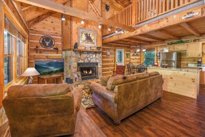 Flat-screen TV, fireplace, video game console, DVD player