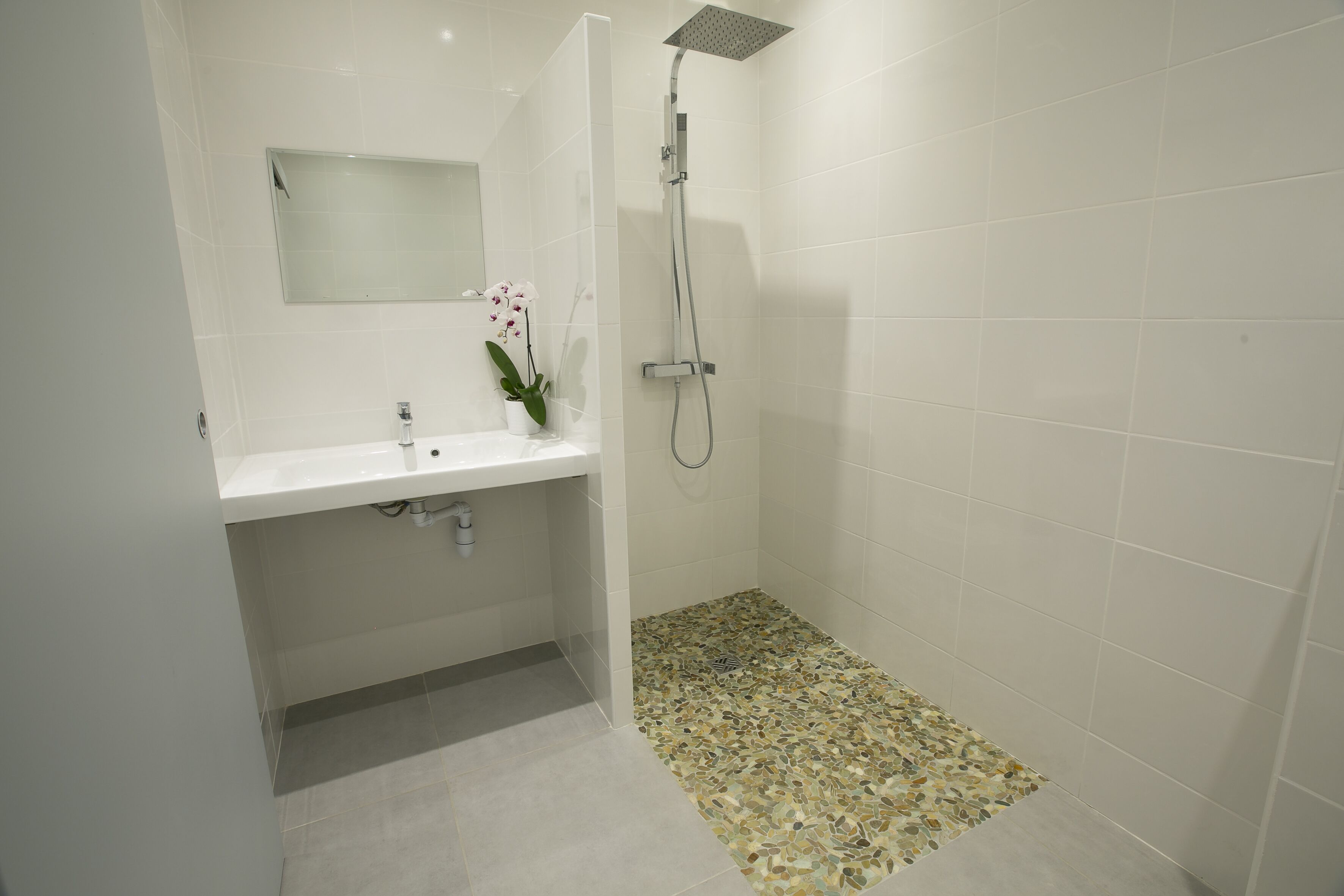A bathroom with a shower, sink, and mirror.