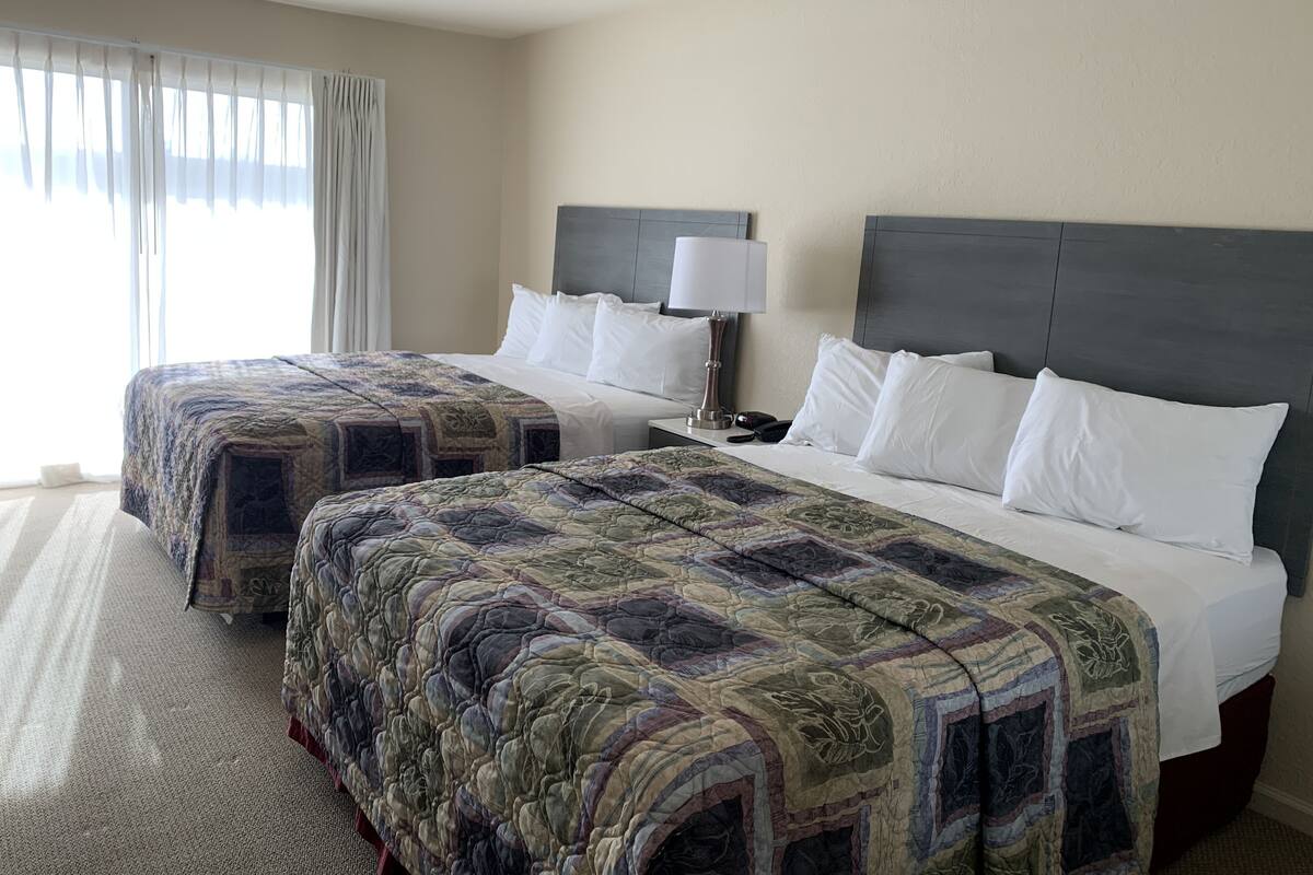 A hotel room with two beds, each with a patterned bedspread, a nightstand with a lamp, and a view of the outdoors through sheer curtains.