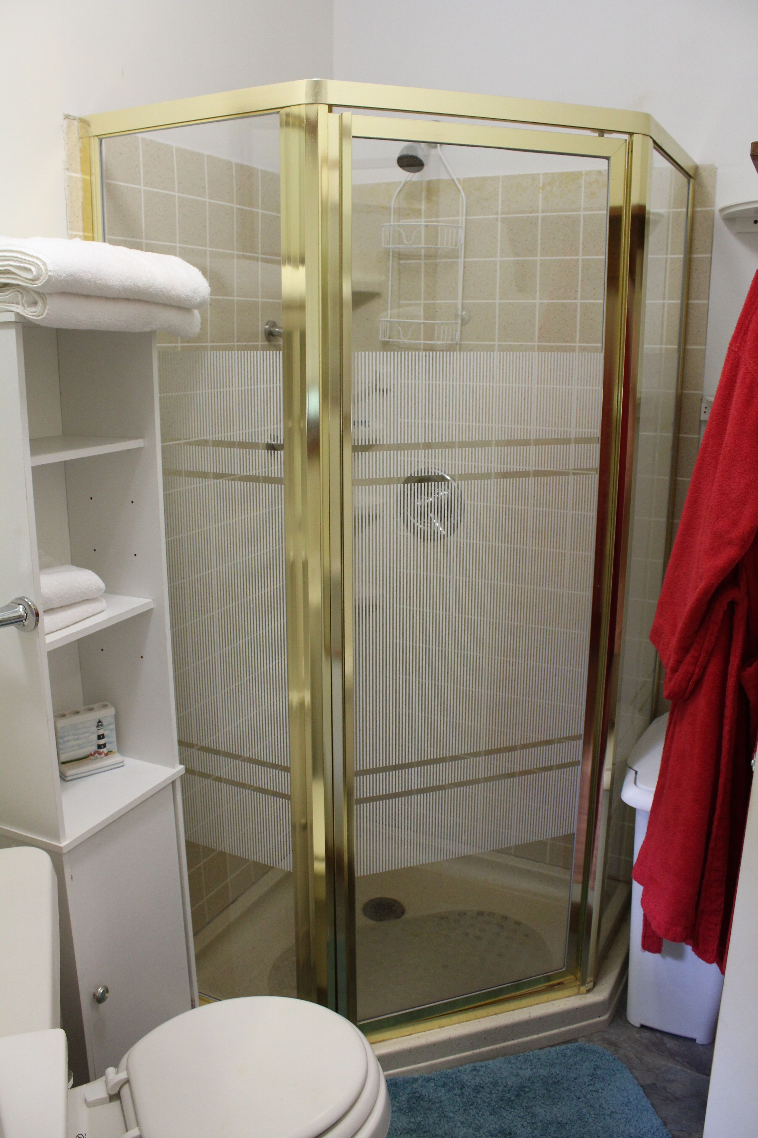 A bathroom with a glass-enclosed shower, a toilet, and a sink.