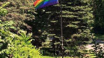 Een vlaggenmast met een Amerikaanse vlag en een regenboogvlag in een bebost gebied.