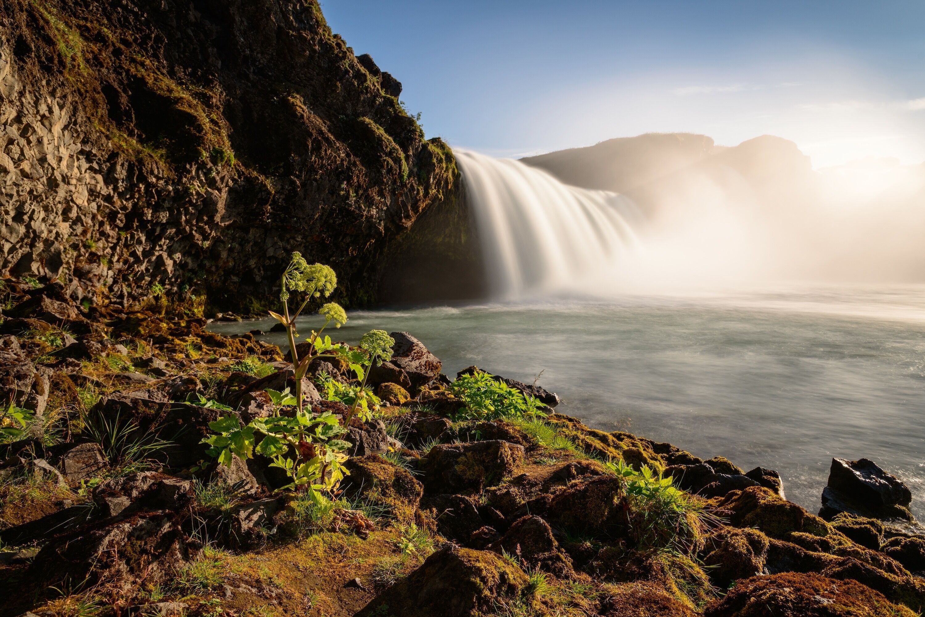 Ein Wasserfall stürzt über eine felsige Klippe in ein ruhiges Gewässer, umgeben von üppigem Grün und moosbewachsenen Steinen.
