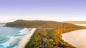 A coastal landscape with a beach, a road, and a forested hill. - Tiona Palms Holiday Park (Tiona)