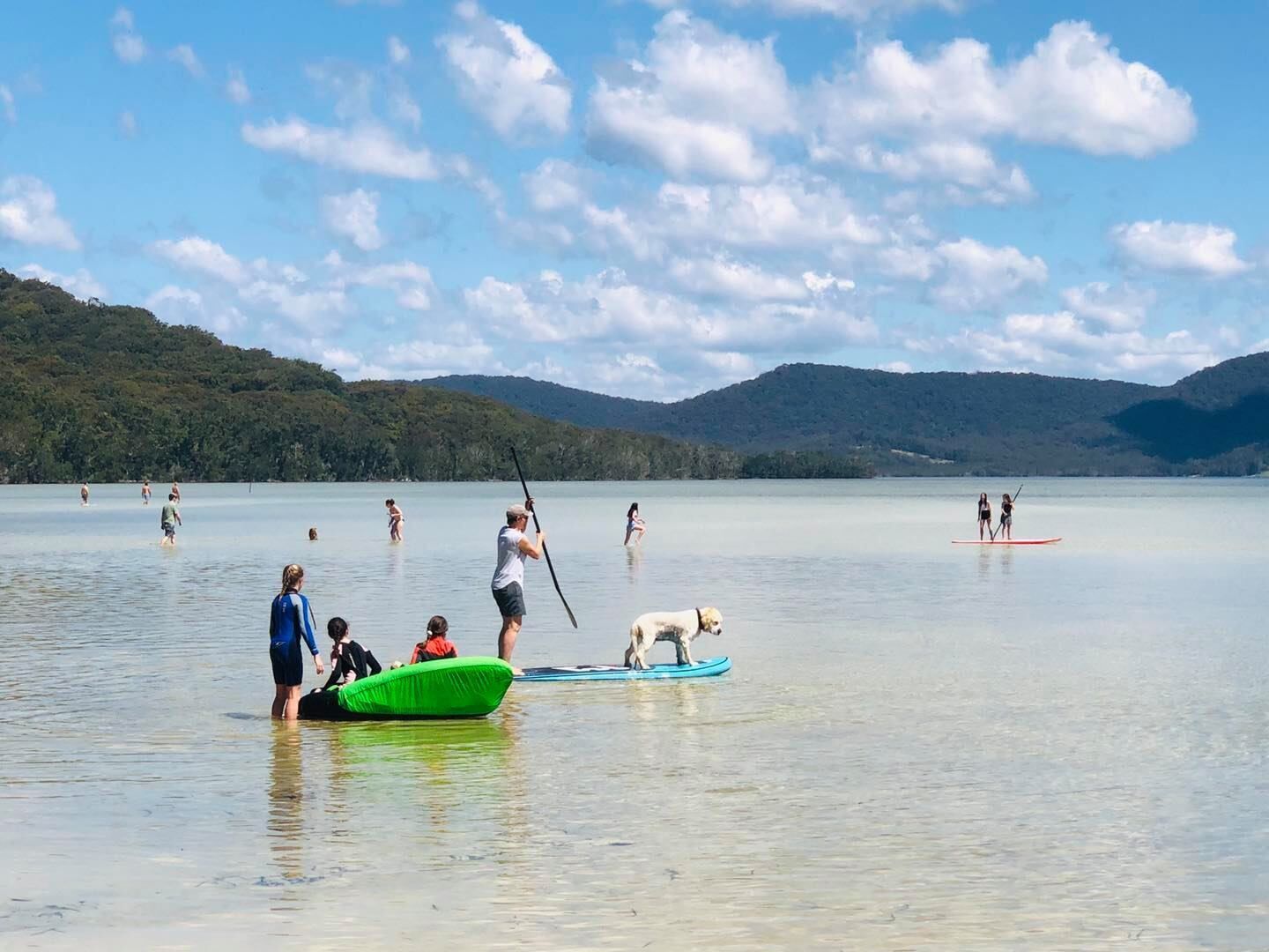 Un grupo de personas practicando paddleboard en un lago tranquilo con montañas al fondo.