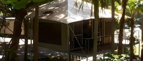 A modern, single-story building with a flat roof, surrounded by dense tropical foliage.