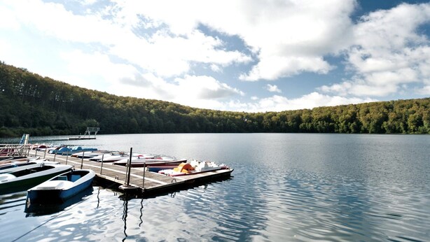 A calm lake with boats docked at a pier, surrounded by dense forest. - Romantic Mansion in Strotzbusch by the Forest (Strotzbusch)