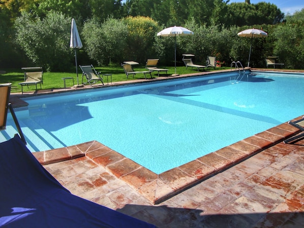 A rectangular swimming pool with a tiled edge, surrounded by lounge chairs and umbrellas.
